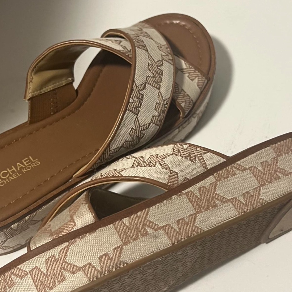 Michael Kors Beige and Brown Logo Platform Sandals - Picture 4 of 4